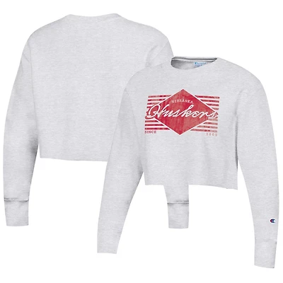 Women's Champion Heather Gray Nebraska Huskers Reverse Weave Cropped Pullover Sweatshirt