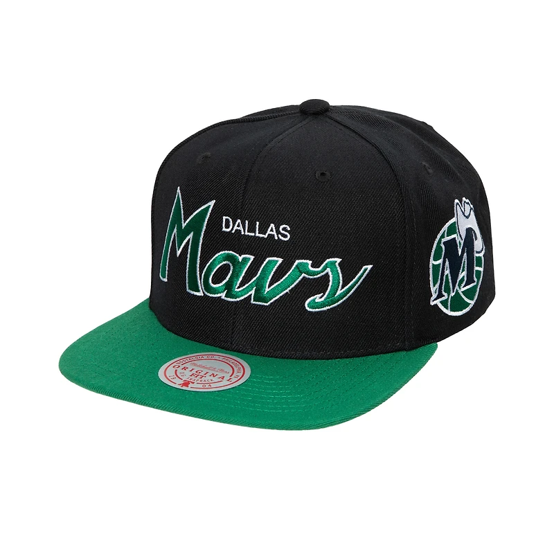 Men's Mitchell & Ness Black Dallas Mavericks Hardwood Classics MVP Team Script 2.0 Snapback Hat