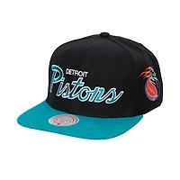 Men's Mitchell & Ness Black Detroit Pistons Hardwood Classics MVP Team Script 2.0 Snapback Hat