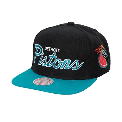 Men's Mitchell & Ness Black Detroit Pistons Hardwood Classics MVP Team Script 2.0 Snapback Hat