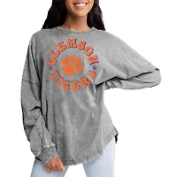 Women's Gameday Couture Gray Clemson Tigers Playing Around Faded Wash Oversized Long Sleeve T-Shirt