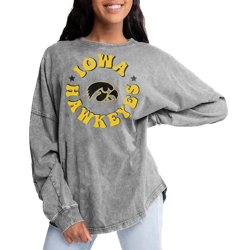 Women's Gameday Couture Gray Iowa Hawkeyes Playing Around Faded Wash Oversized Long Sleeve T-Shirt