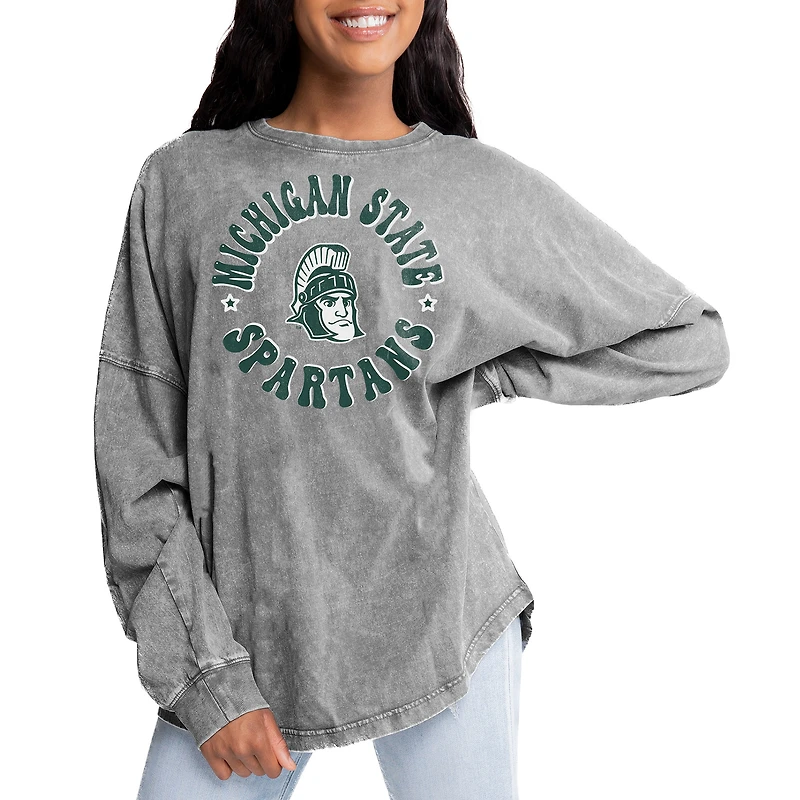 Women's Gameday Couture Gray Michigan State Spartans Playing Around Faded Wash Oversized Long Sleeve T-Shirt