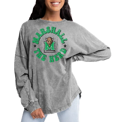 Women's Gameday Couture Gray Marshall Thundering Herd Playing Around Faded Wash Oversized Long Sleeve T-Shirt