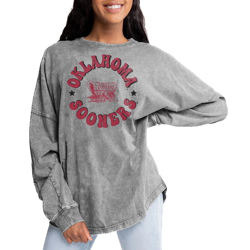 Women's Gameday Couture Gray Oklahoma Sooners Playing Around Faded Wash Oversized Long Sleeve T-Shirt