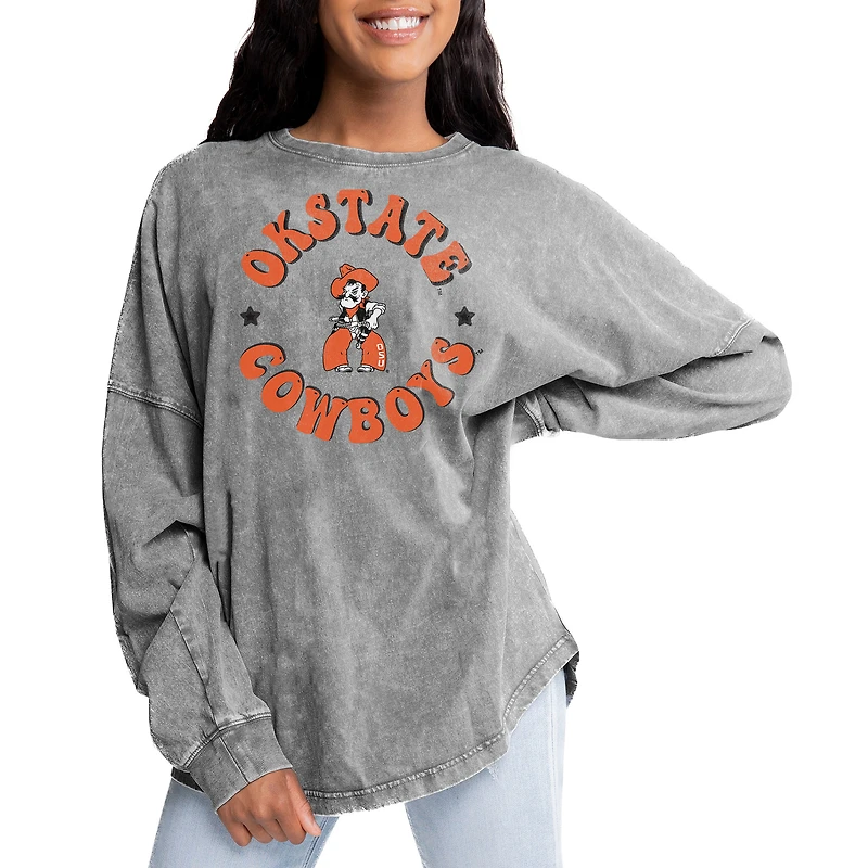 Women's Gameday Couture Gray Oklahoma State Cowboys Playing Around Faded Wash Oversized Long Sleeve T-Shirt