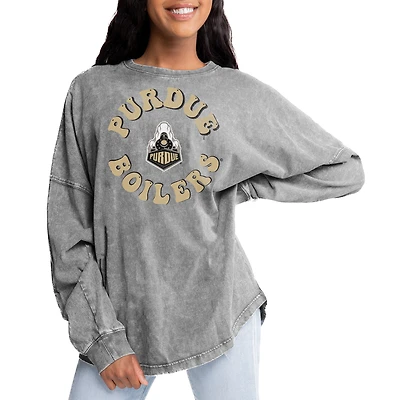 Women's Gameday Couture Gray Purdue Boilermakers Playing Around Faded Wash Oversized Long Sleeve T-Shirt