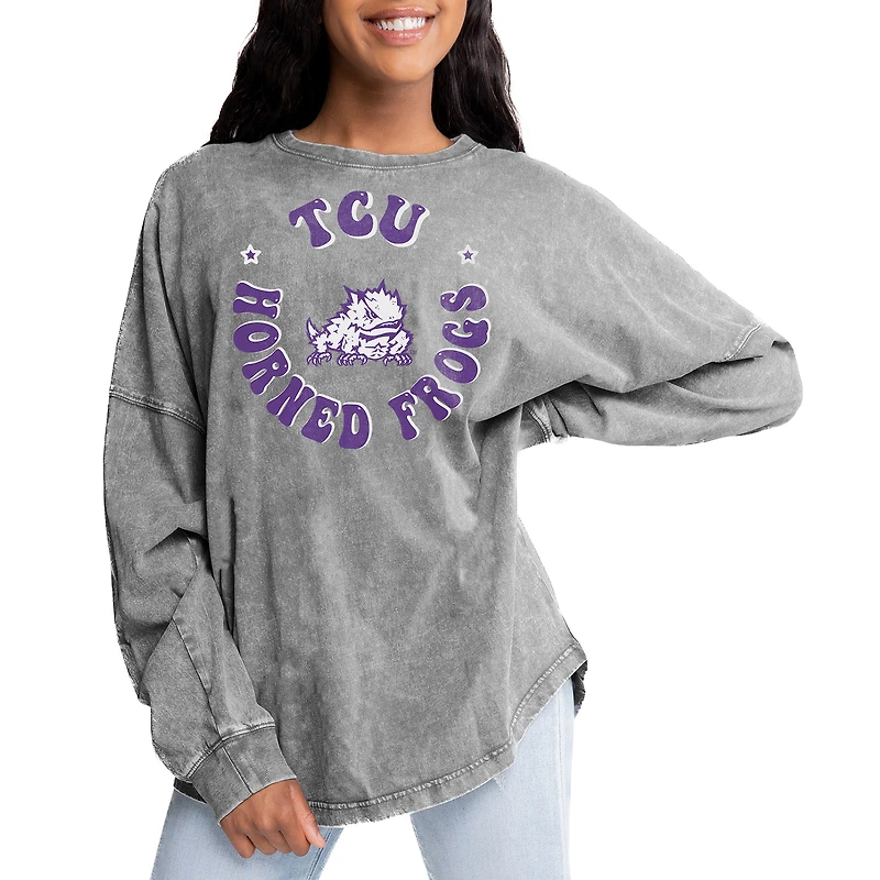 Women's Gameday Couture Gray TCU Horned Frogs Playing Around Faded Wash Oversized Long Sleeve T-Shirt