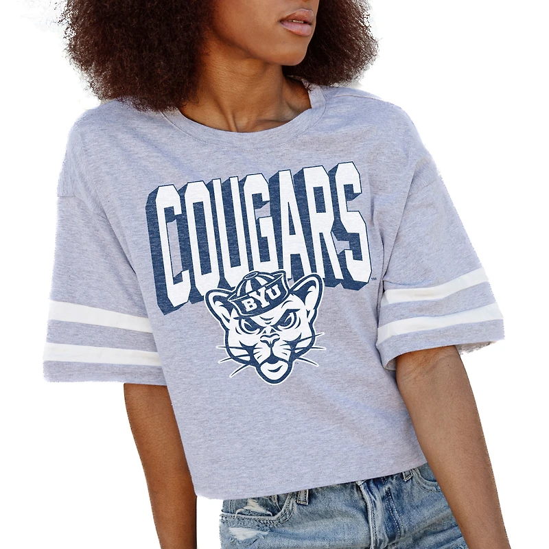 Women's Gameday Couture Gray BYU Cougars No Shortcuts Drop Shoulder Sleeve Stripe Cropped T-Shirt