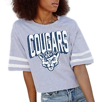Women's Gameday Couture Gray BYU Cougars No Shortcuts Drop Shoulder Sleeve Stripe Cropped T-Shirt
