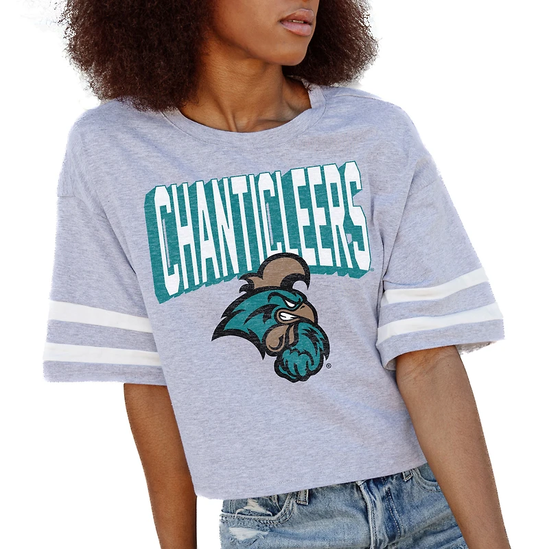 Women's Gameday Couture Gray Coastal Carolina Chanticleers No Shortcuts Drop Shoulder Sleeve Stripe Cropped T-Shirt