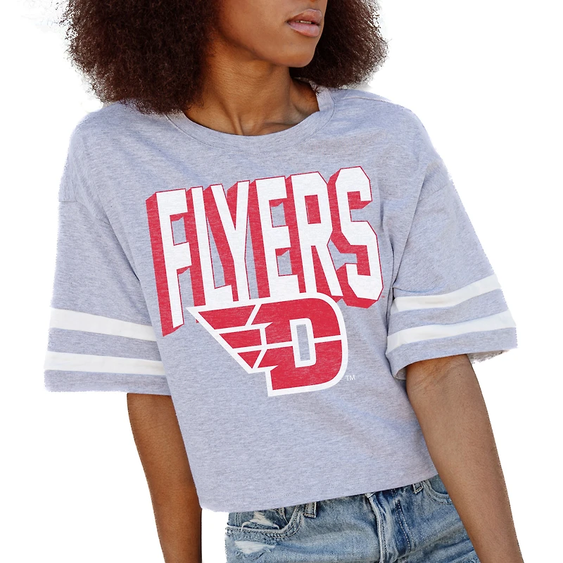 Women's Gameday Couture Gray Dayton Flyers No Shortcuts Drop Shoulder Sleeve Stripe Cropped T-Shirt