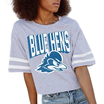 Women's Gameday Couture Gray Delaware Fightin' Blue Hens No Shortcuts Drop Shoulder Sleeve Stripe Cropped T-Shirt