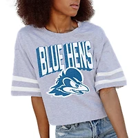 Women's Gameday Couture Gray Delaware Fightin' Blue Hens No Shortcuts Drop Shoulder Sleeve Stripe Cropped T-Shirt