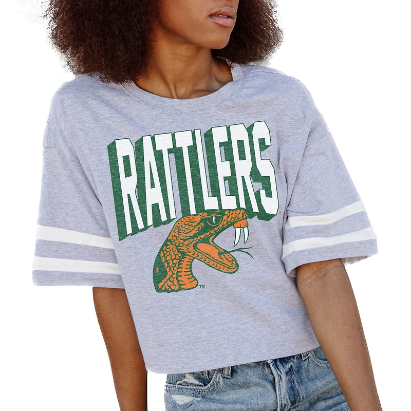 Women's Gameday Couture Gray Florida A&M Rattlers No Shortcuts Drop Shoulder Sleeve Stripe Cropped T-Shirt