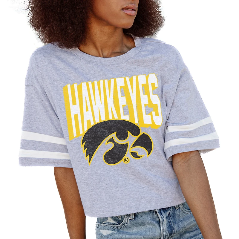 Women's Gameday Couture Gray Iowa Hawkeyes No Shortcuts Drop Shoulder Sleeve Stripe Cropped T-Shirt