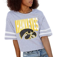 Women's Gameday Couture Gray Iowa Hawkeyes No Shortcuts Drop Shoulder Sleeve Stripe Cropped T-Shirt