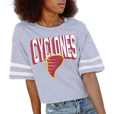 Women's Gameday Couture Gray Iowa State Cyclones No Shortcuts Drop Shoulder Sleeve Stripe Cropped T-Shirt