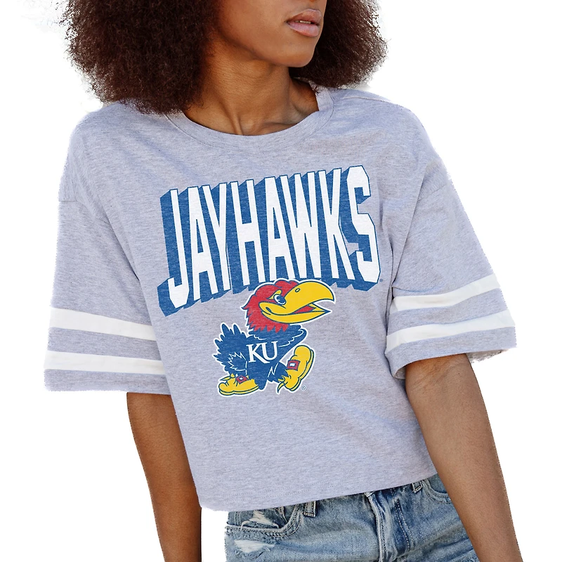 Women's Gameday Couture Gray Kansas Jayhawks No Shortcuts Drop Shoulder Sleeve Stripe Cropped T-Shirt