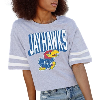Women's Gameday Couture Gray Kansas Jayhawks No Shortcuts Drop Shoulder Sleeve Stripe Cropped T-Shirt