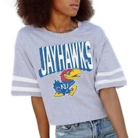 Women's Gameday Couture Gray Kansas Jayhawks No Shortcuts Drop Shoulder Sleeve Stripe Cropped T-Shirt