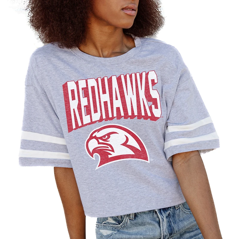 Women's Gameday Couture Gray Miami University RedHawks No Shortcuts Drop Shoulder Sleeve Stripe Cropped T-Shirt