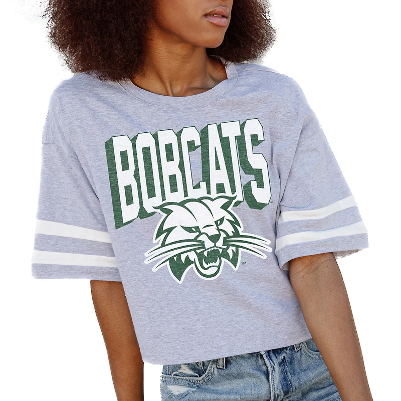 Women's Gameday Couture Gray Ohio Bobcats No Shortcuts Drop Shoulder Sleeve Stripe Cropped T-Shirt