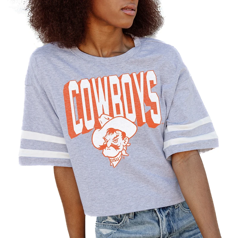 Women's Gameday Couture Gray Oklahoma State Cowboys No Shortcuts Drop Shoulder Sleeve Stripe Cropped T-Shirt
