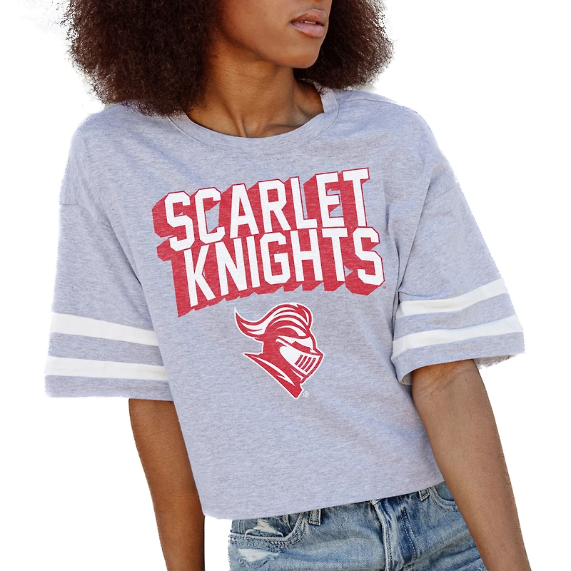 Women's Gameday Couture Gray Rutgers Scarlet Knights No Shortcuts Drop Shoulder Sleeve Stripe Cropped T-Shirt