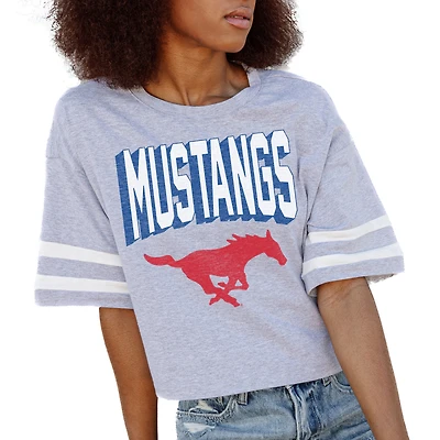 Women's Gameday Couture Gray SMU Mustangs No Shortcuts Drop Shoulder Sleeve Stripe Cropped T-Shirt
