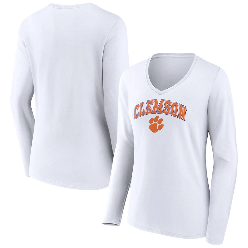 Women's White Clemson Tigers Campus Long Sleeve V-Neck T-Shirt
