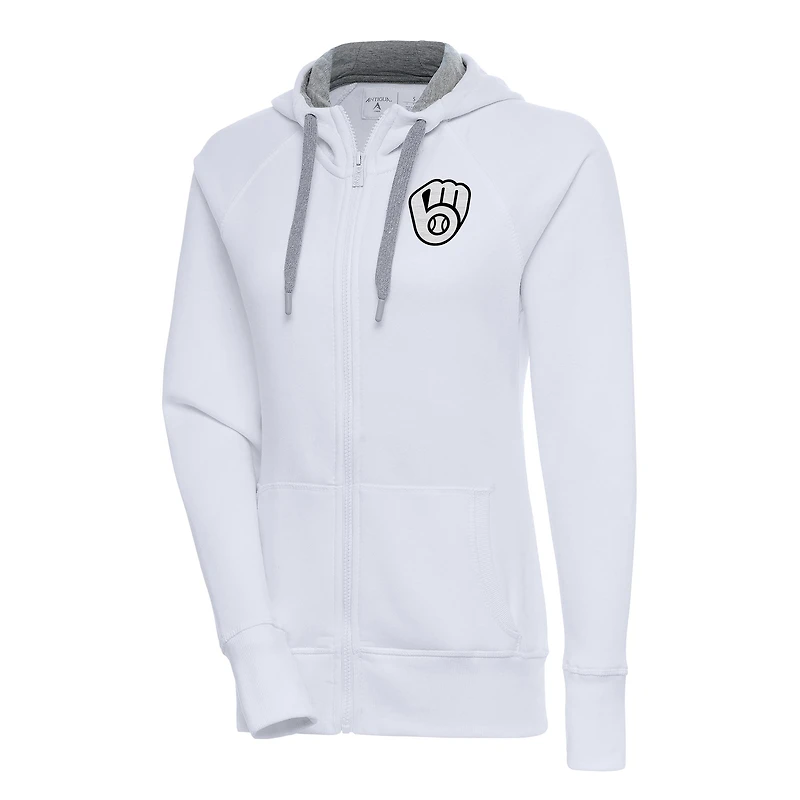 Women's Antigua White Milwaukee Brewers Brushed Metallic Victory Full-Zip Hoodie