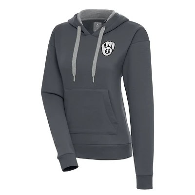 Women's Antigua Charcoal Milwaukee Brewers Brushed Metallic Victory Pullover Hoodie