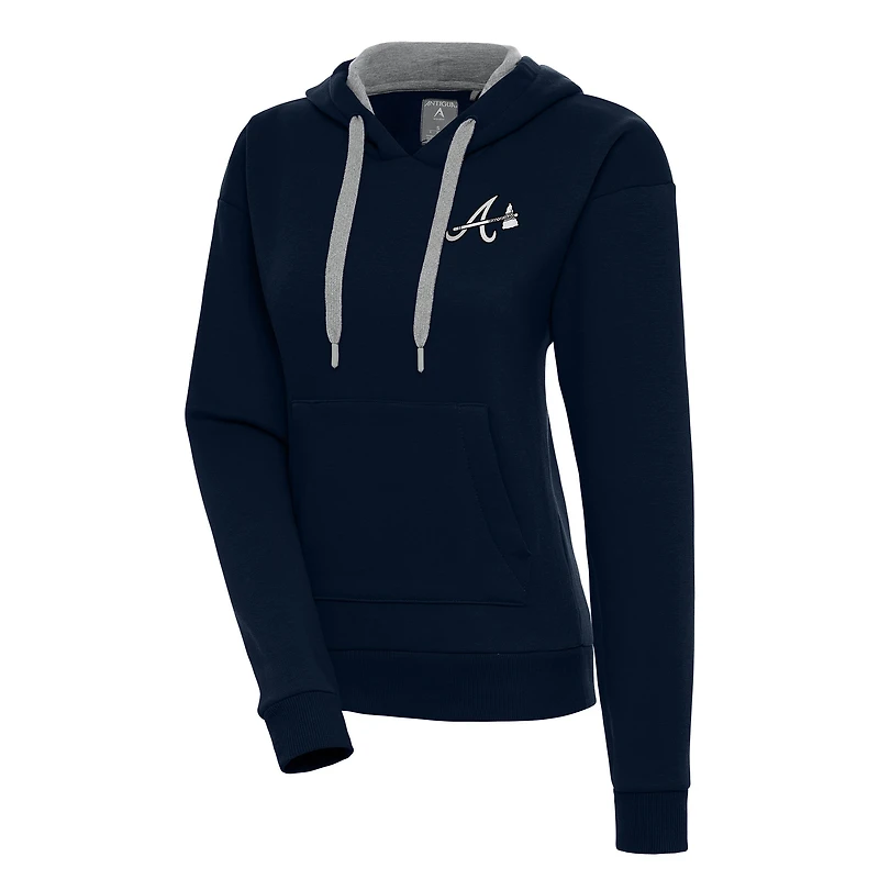 Women's Antigua Navy Atlanta Braves Brushed Metallic Victory Pullover Hoodie