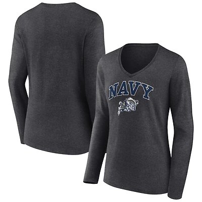 Women's Charcoal Navy Midshipmen Campus Long Sleeve V-Neck T-Shirt
