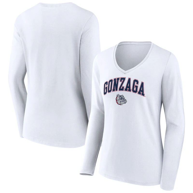Women's White Gonzaga Bulldogs Campus Long Sleeve V-Neck T-Shirt