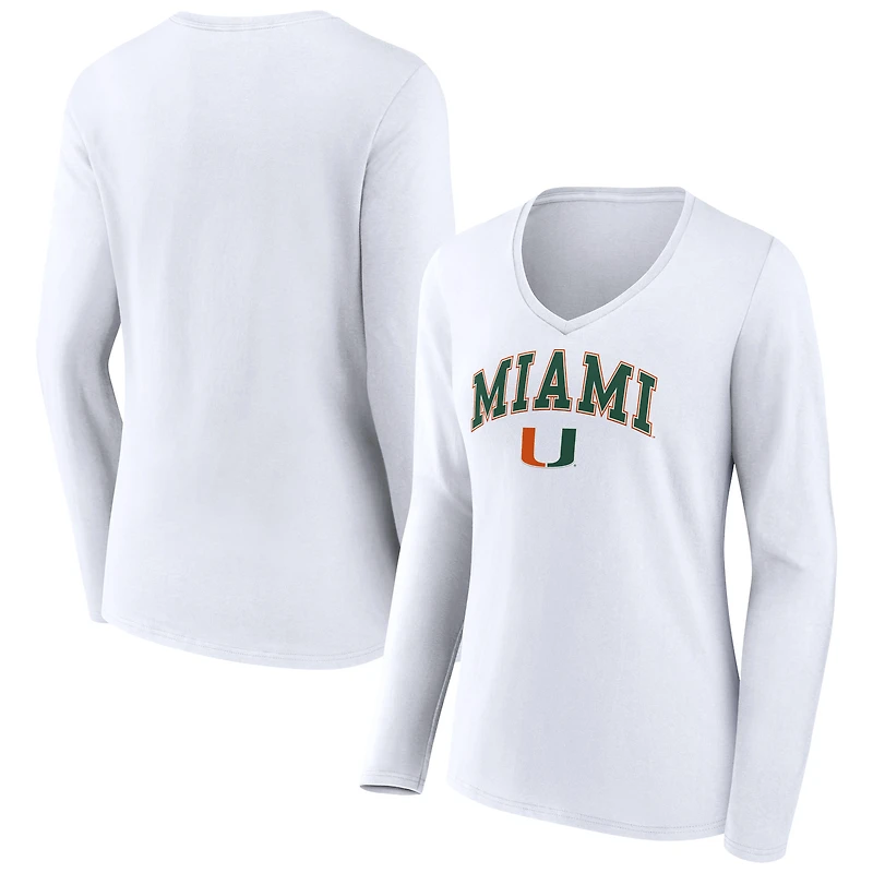 Women's White Miami Hurricanes Campus Long Sleeve V-Neck T-Shirt