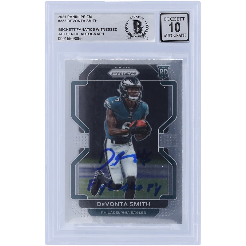 DeVonta Smith Philadelphia Eagles Autographed 2021 Panini Prizm #335 Beckett Fanatics Witnessed Authenticated 10 Rookie Card with "Fly Eagles Fly" Inscription