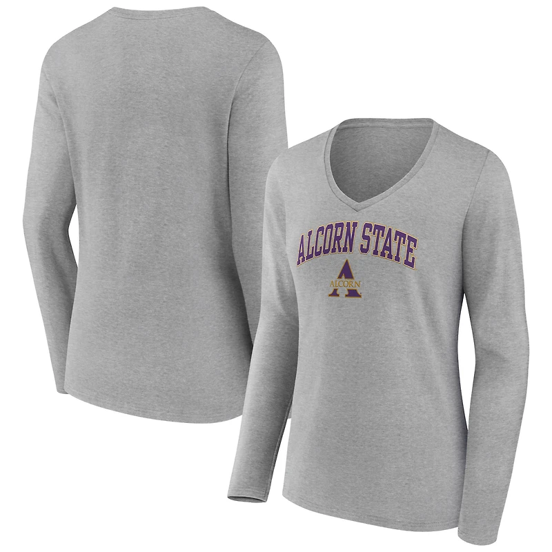 Women's Gray Alcorn State Braves Campus Long Sleeve V-Neck T-Shirt