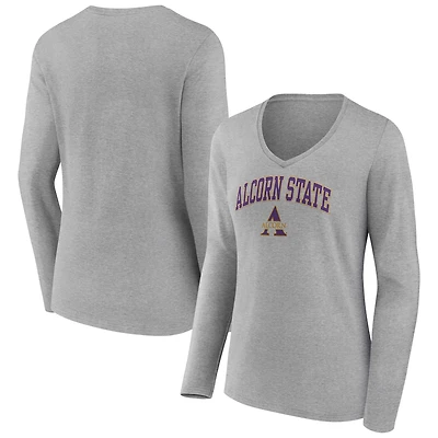 Women's Gray Alcorn State Braves Campus Long Sleeve V-Neck T-Shirt