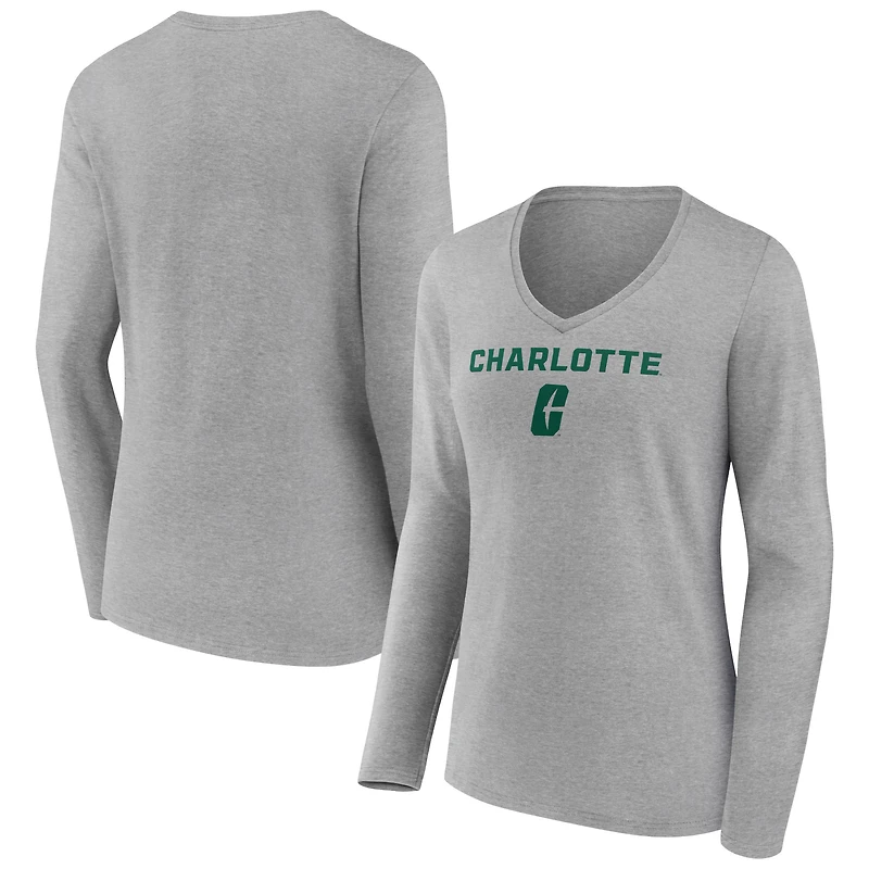 Women's Gray Charlotte 49ers Campus Long Sleeve V-Neck T-Shirt