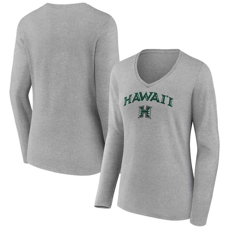 Women's Gray Hawaii Warriors Campus Long Sleeve V-Neck T-Shirt