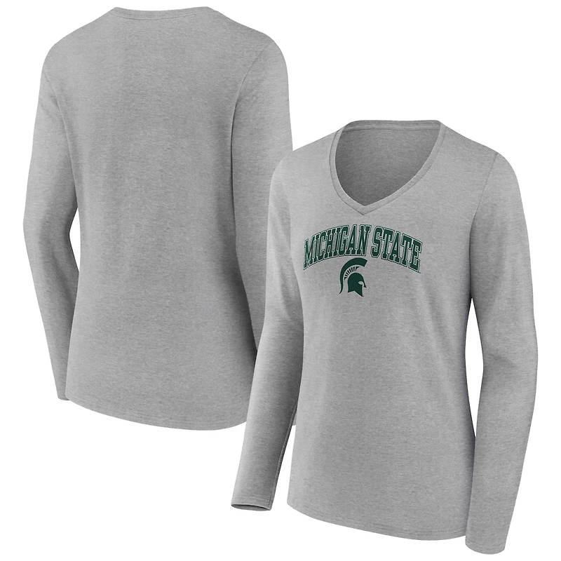 Women's Gray Michigan State Spartans Campus Long Sleeve V-Neck T-Shirt