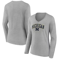 Women's Gray Michigan Wolverines Campus Long Sleeve V-Neck T-Shirt