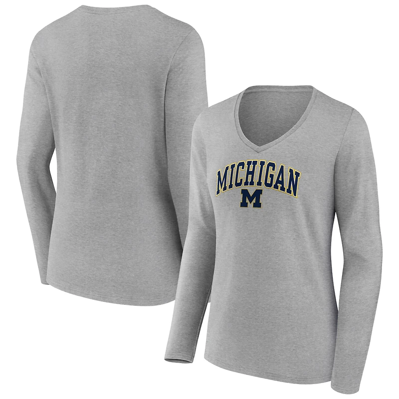 Women's Gray Michigan Wolverines Campus Long Sleeve V-Neck T-Shirt