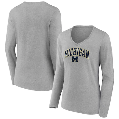 Women's Gray Michigan Wolverines Campus Long Sleeve V-Neck T-Shirt
