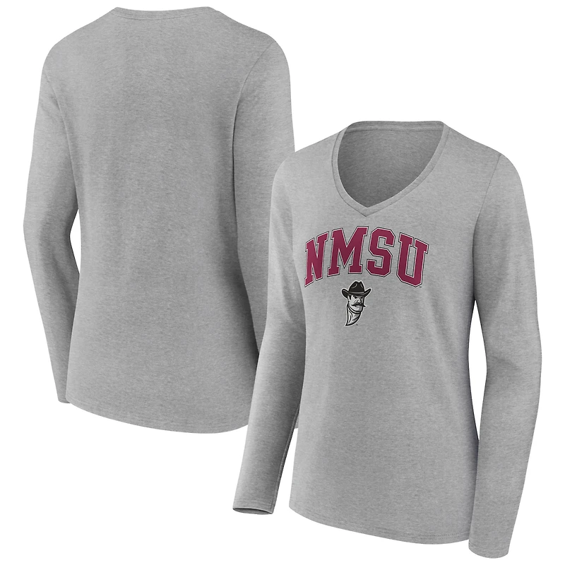 Women's Gray New Mexico State Aggies Campus Long Sleeve V-Neck T-Shirt