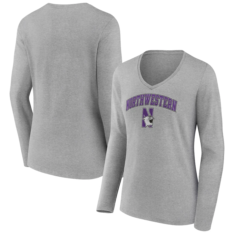 Women's Gray Northwestern Wildcats Campus Long Sleeve V-Neck T-Shirt
