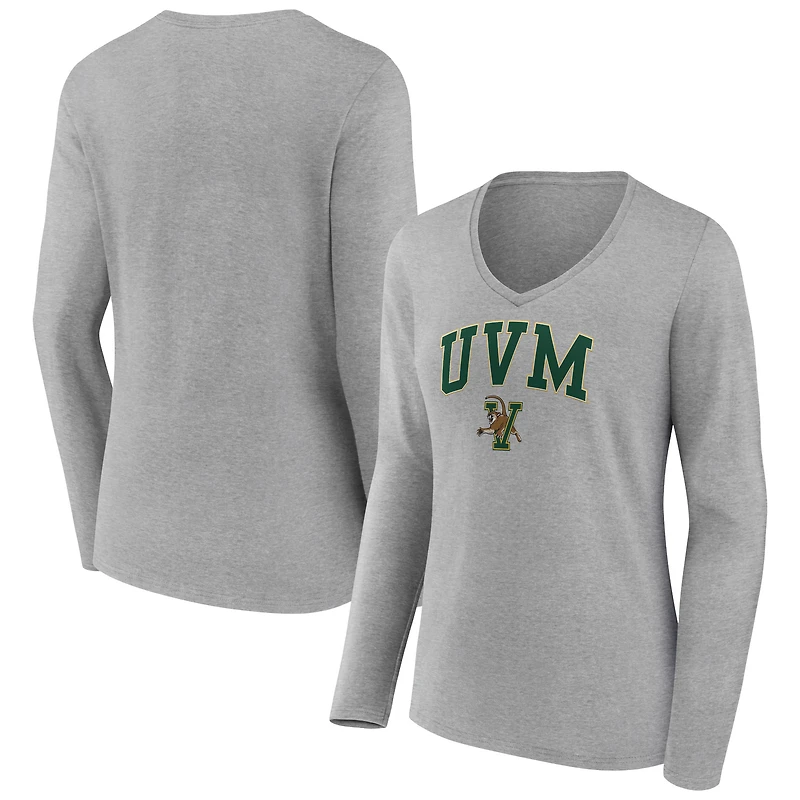 Women's Gray Vermont Catamounts Campus Long Sleeve V-Neck T-Shirt