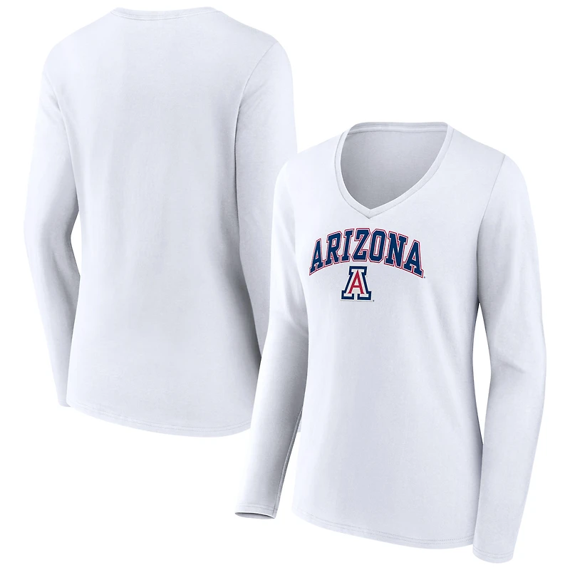 Women's White Arizona Wildcats Campus Long Sleeve V-Neck T-Shirt